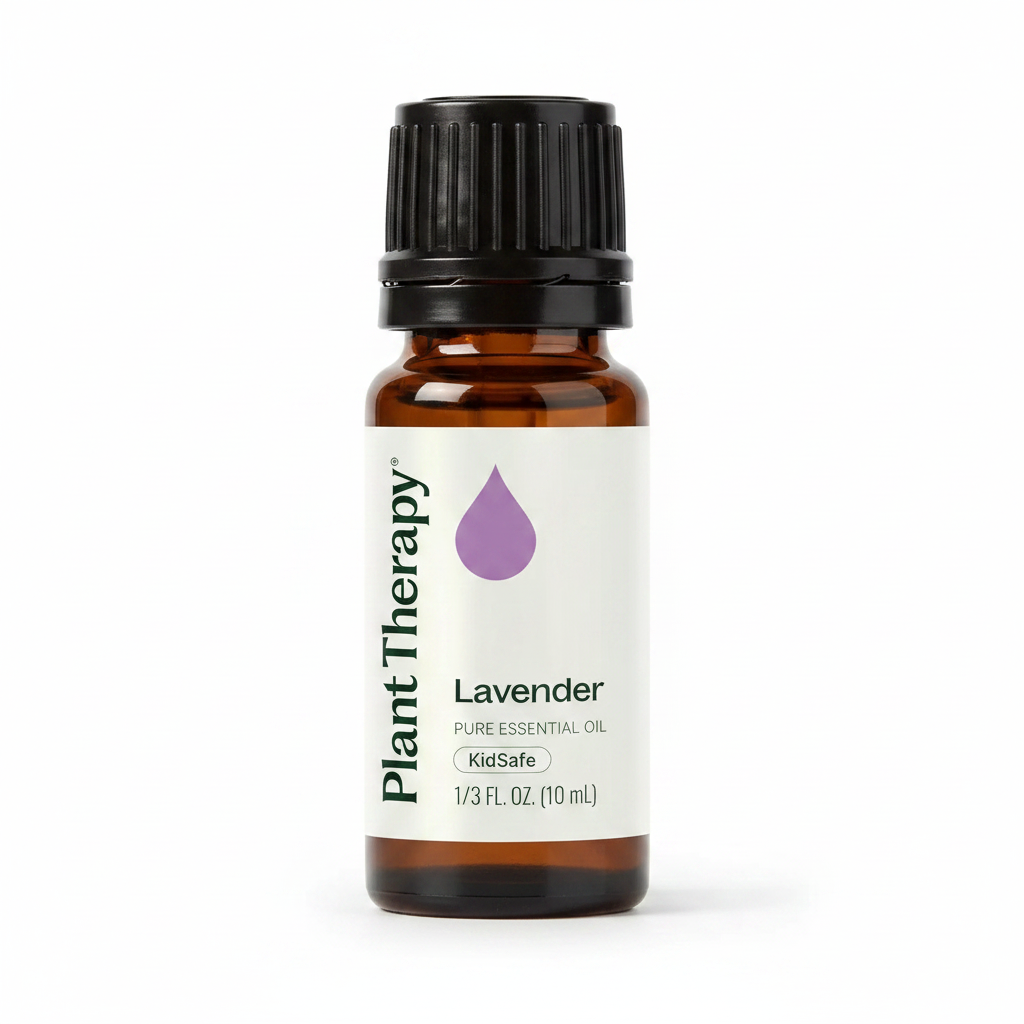 Close-up label detail of Plant Therapy Lavender KidSafe bottle