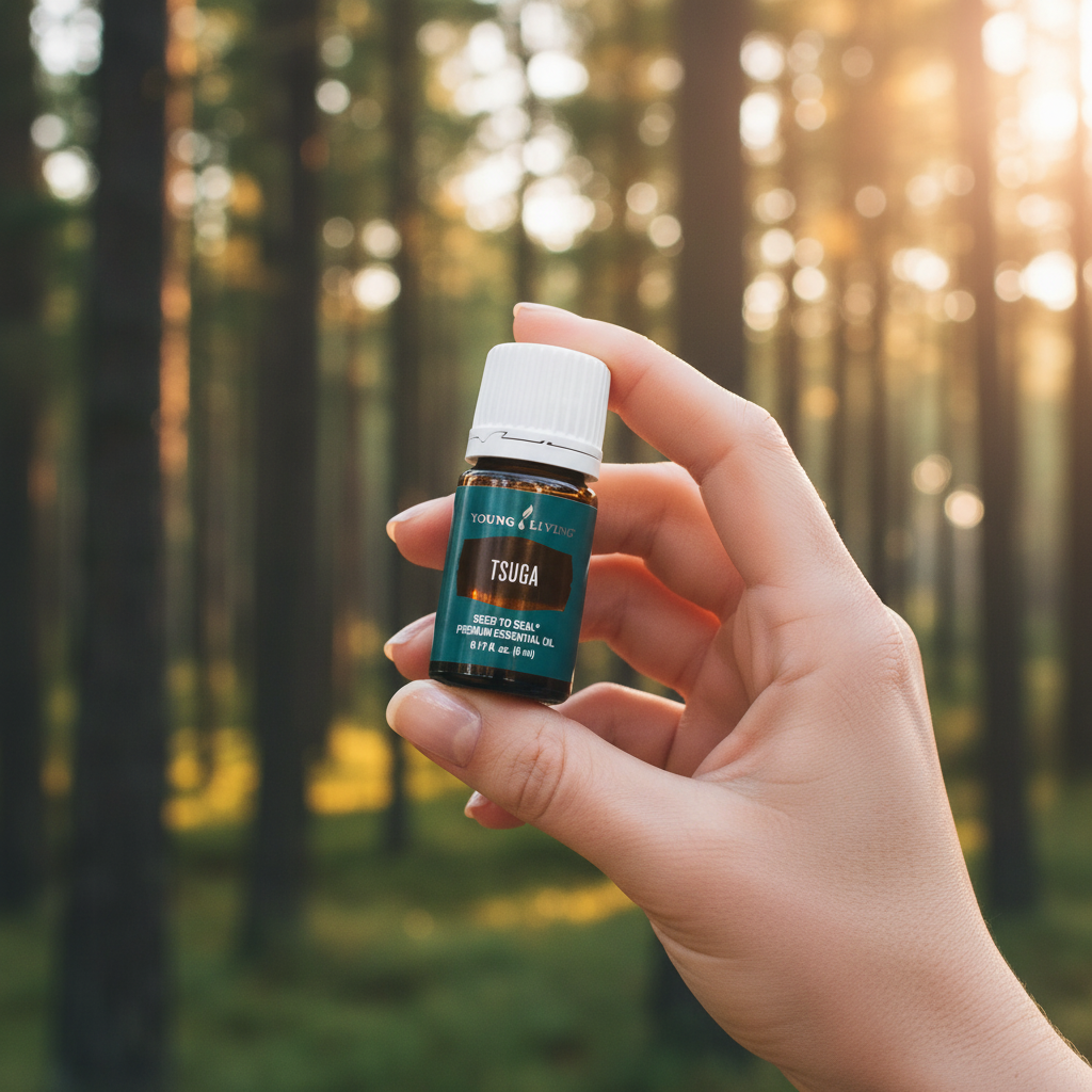 Tsuga essential oil held in hand with pine forest background