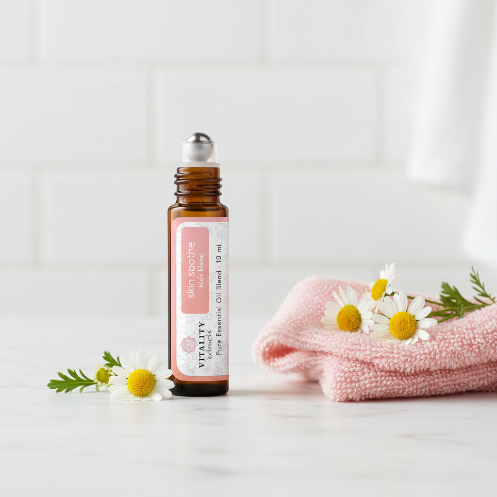 Skin Soothe roller on marble counter with chamomile flowers and pink towel