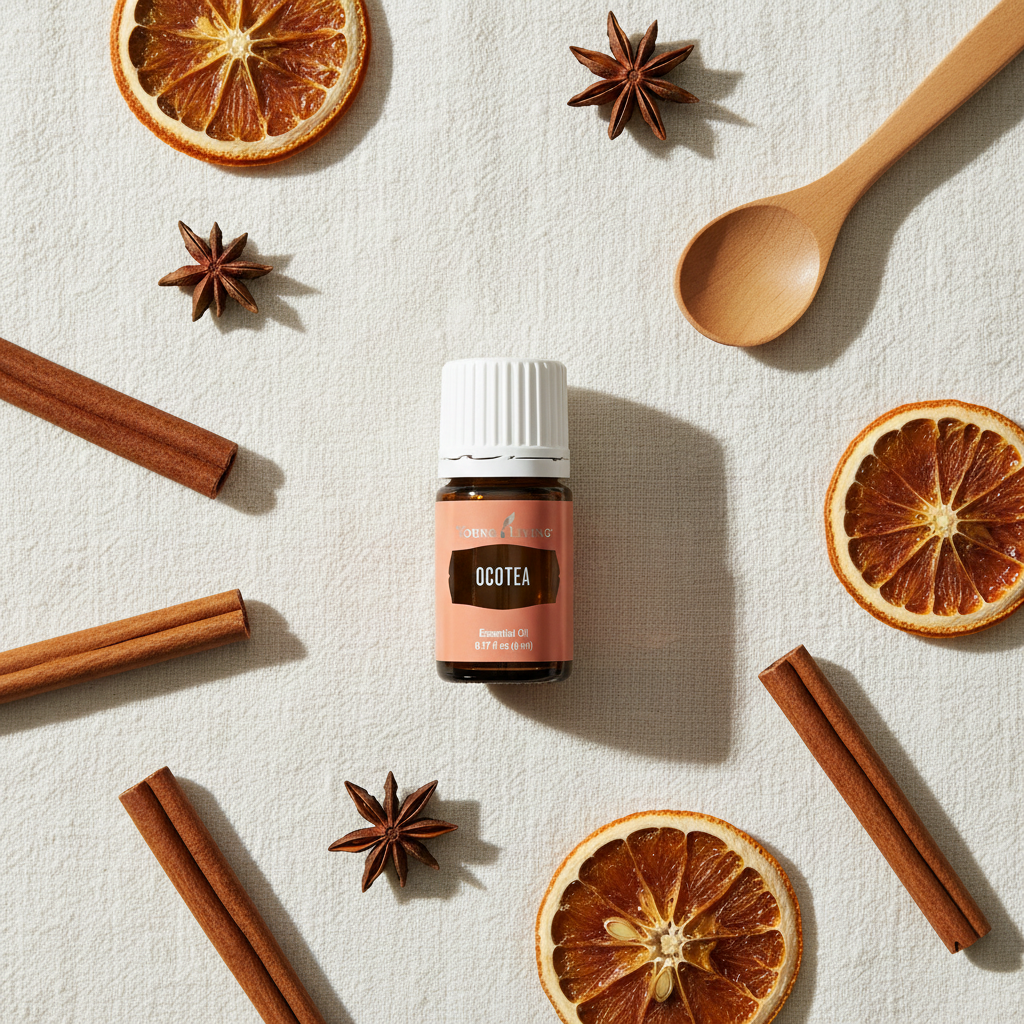 Ocotea essential oil flat lay with cinnamon sticks and star anise on linen