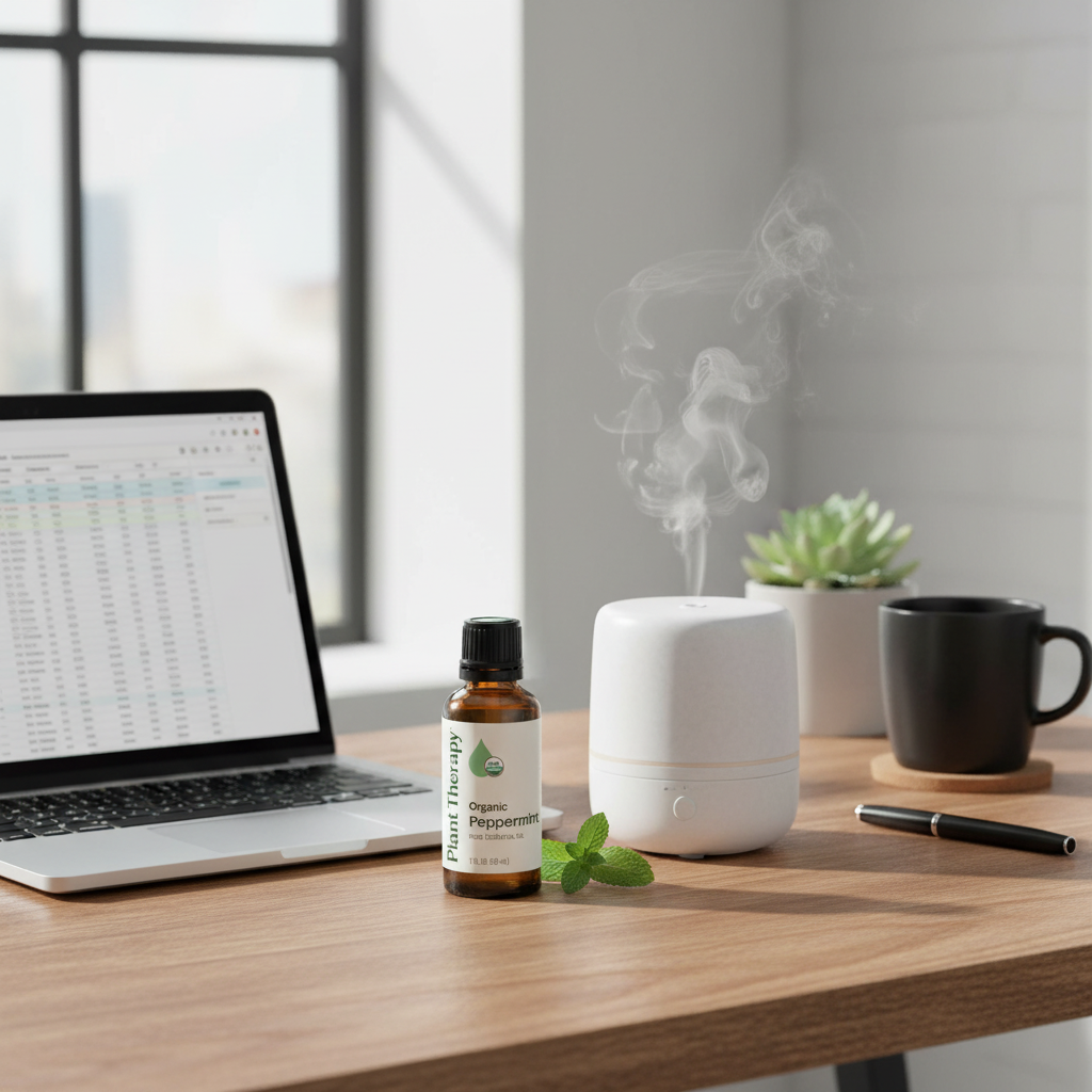 Peppermint oil on home office desk with diffuser for focus