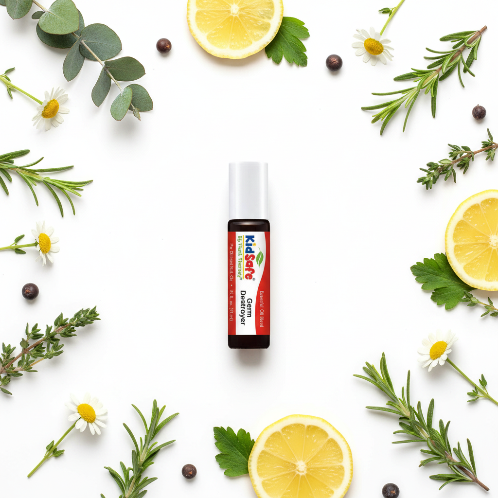 Plant Therapy KidSafe Germ Destroyer flat lay with botanicals