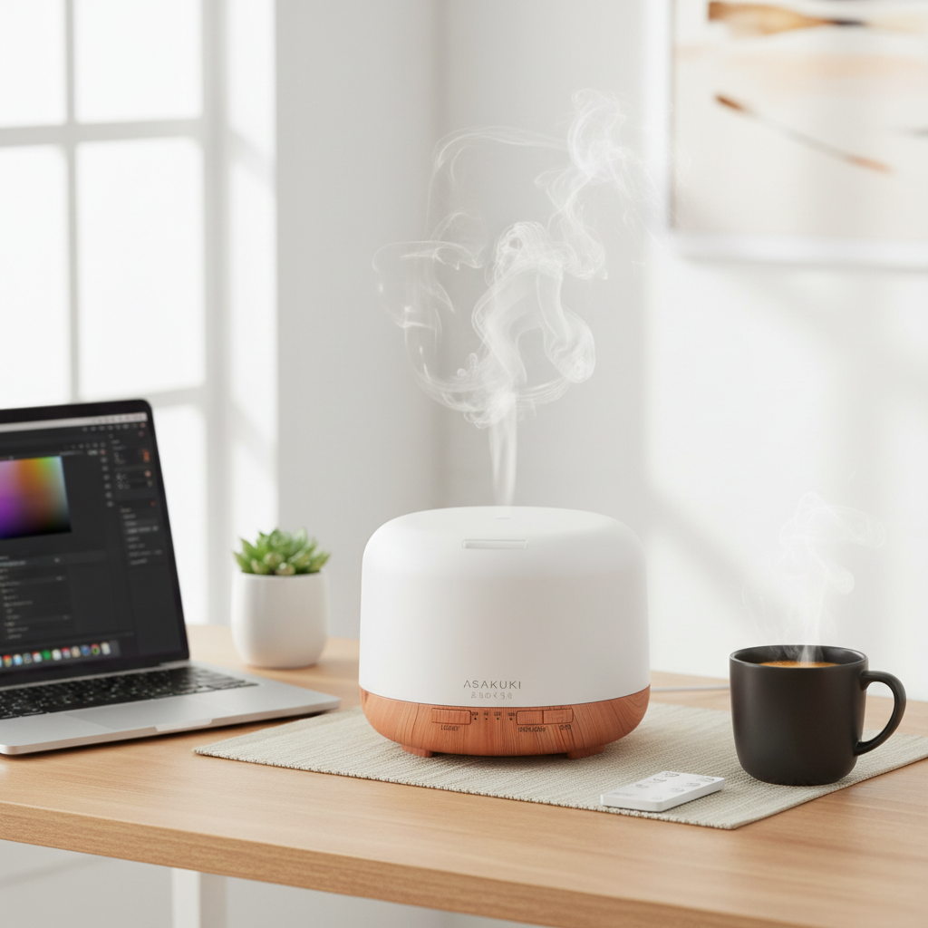 ASAKUKI diffuser on home office desk with laptop