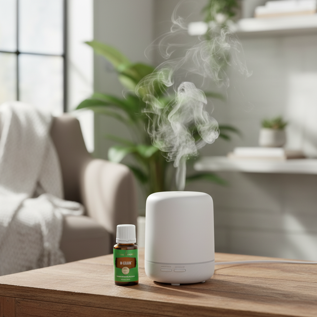M-Grain essential oil beside ceramic diffuser