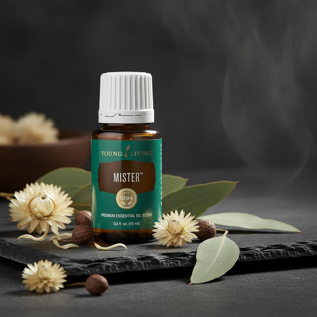 Mister Essential Oil on dark slate with botanicals