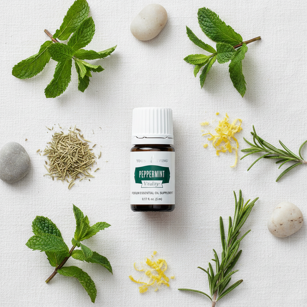 Peppermint Vitality essential oil flat lay on white linen with peppermint, rosemary and lemon zest
