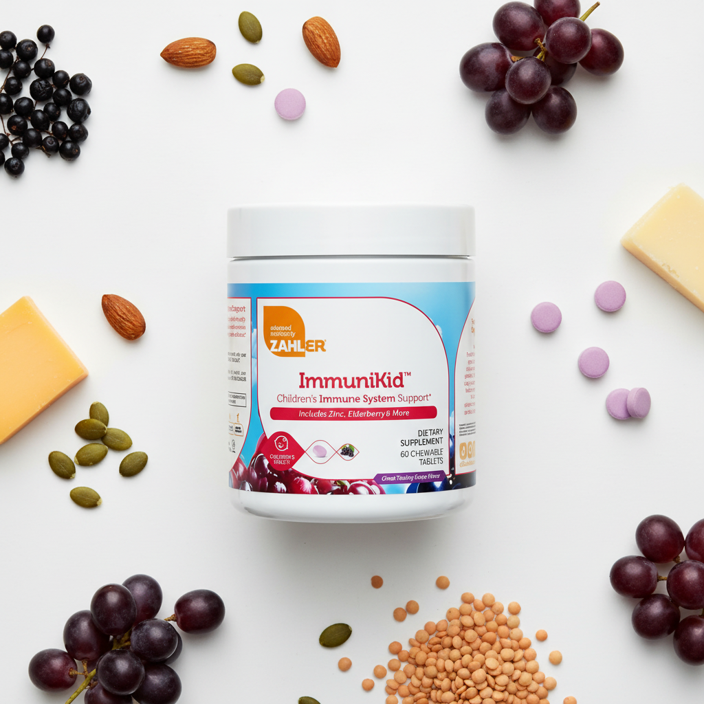 ImmuniKid flat lay with elderberries and purple grapes