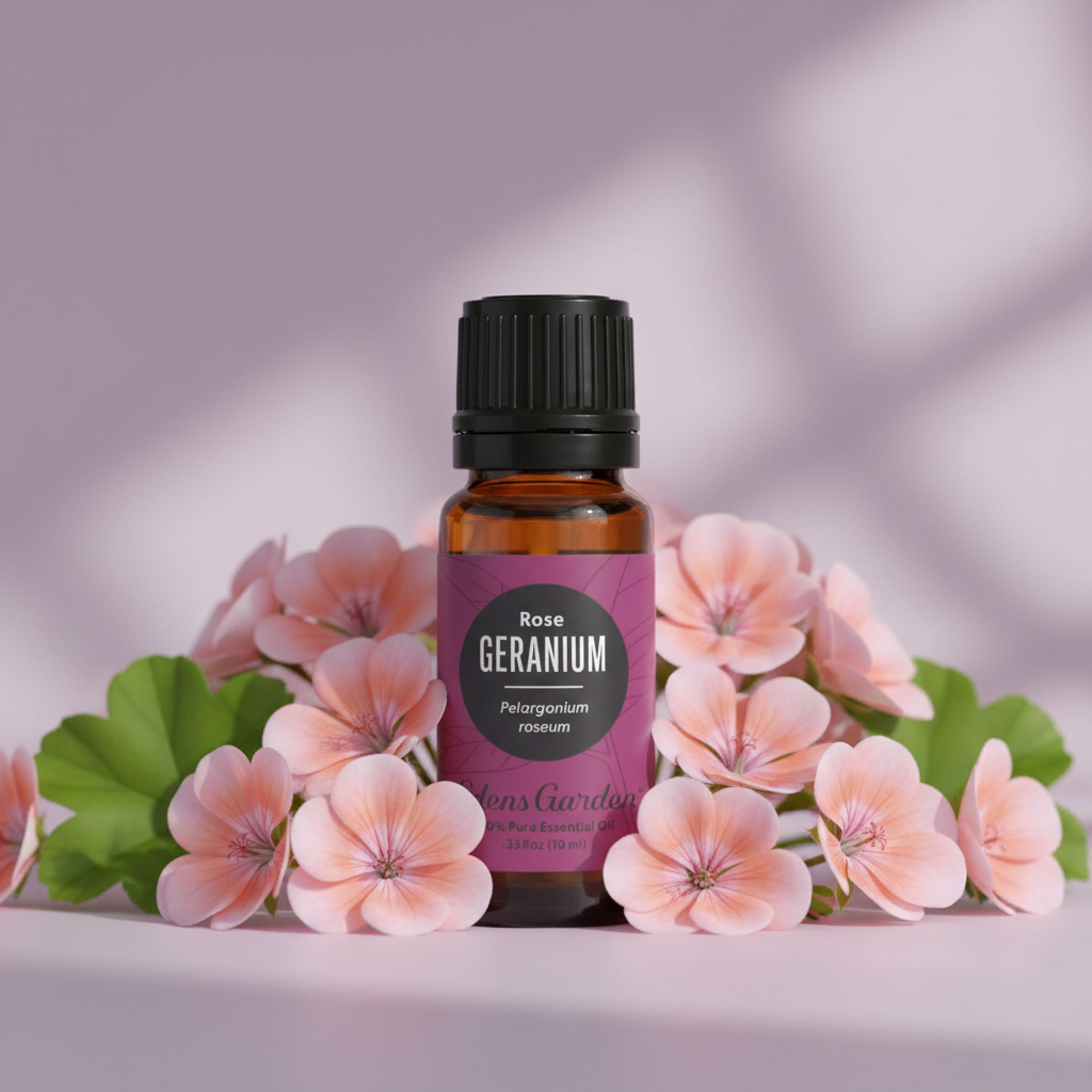 Edens Garden Rose Geranium Essential Oil surrounded by lush pink geranium blooms
