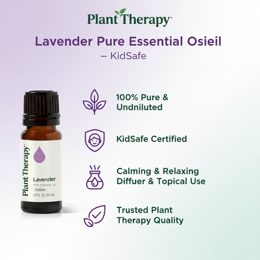 Key benefits infographic for Plant Therapy Lavender KidSafe Essential Oil