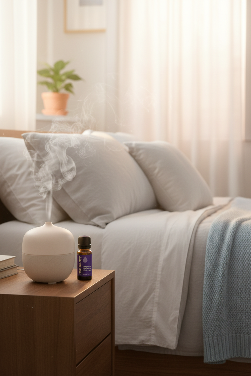 Plant Therapy Hangover Recovery next to diffuser in morning bedroom
