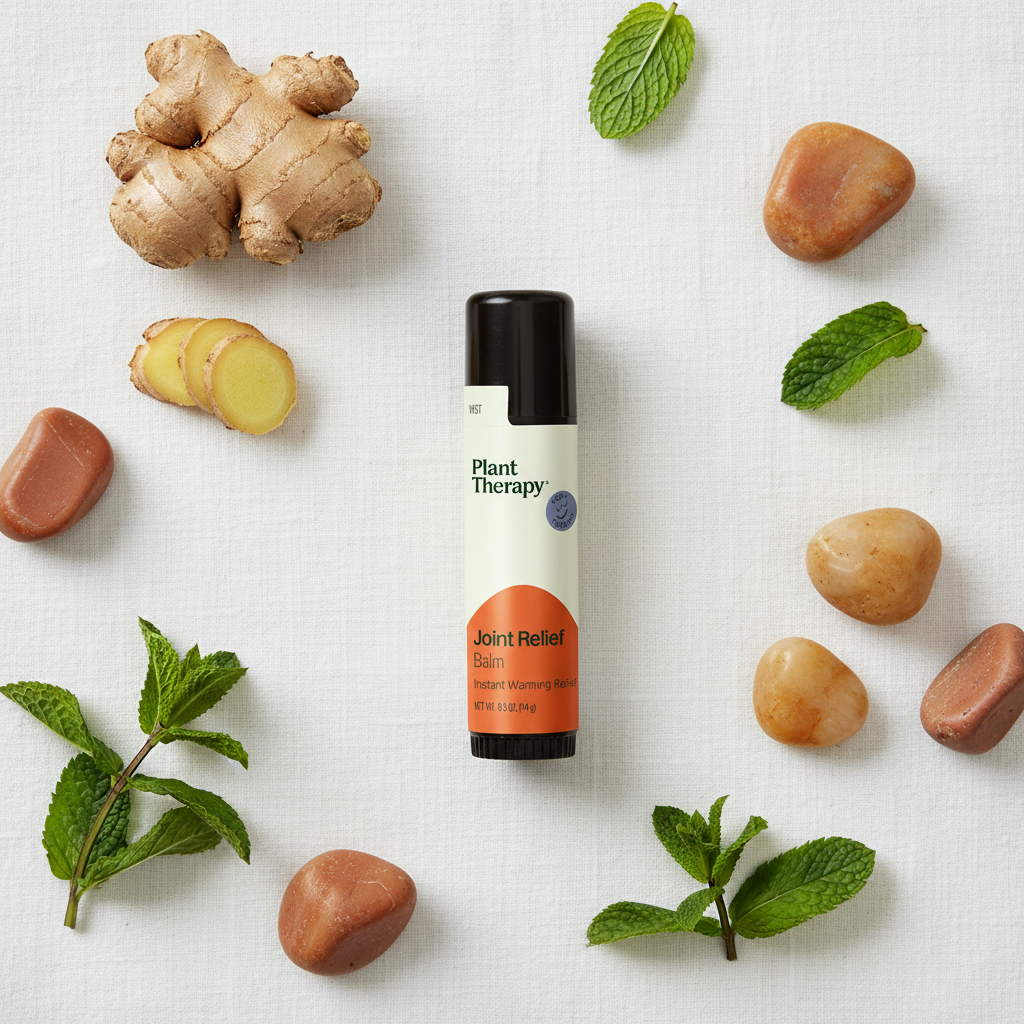 Plant Therapy Joint Relief Balm flat lay on white linen with herbs and stones