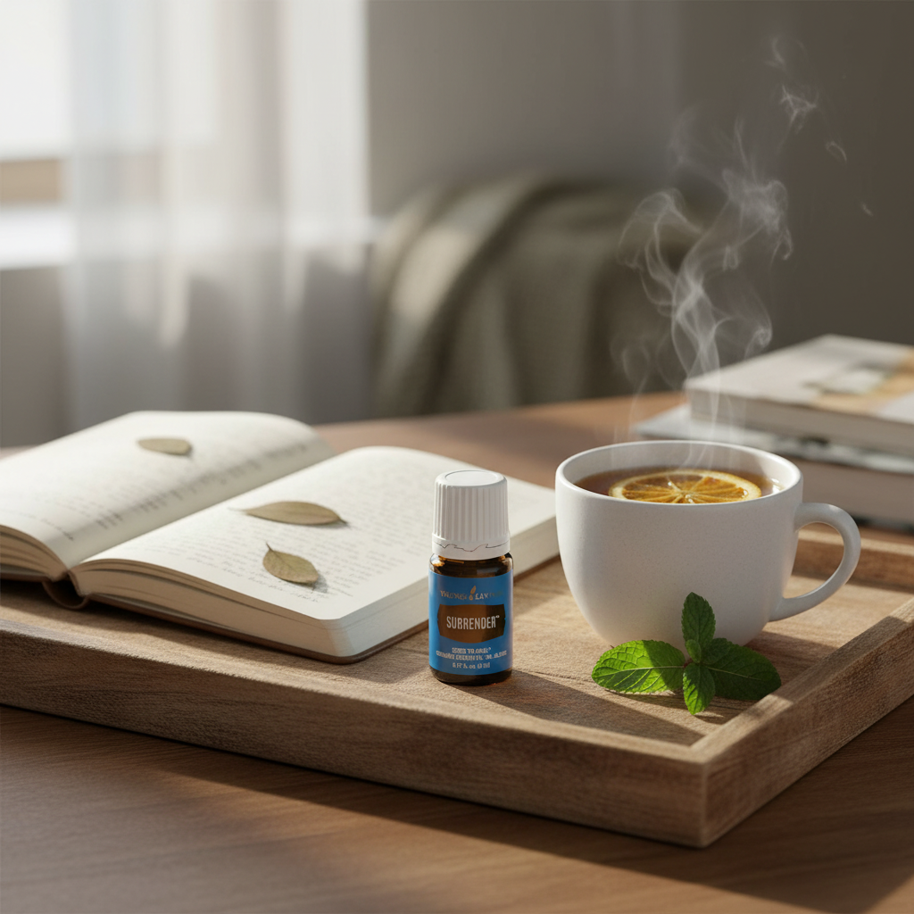 Surrender essential oil with journal and tea