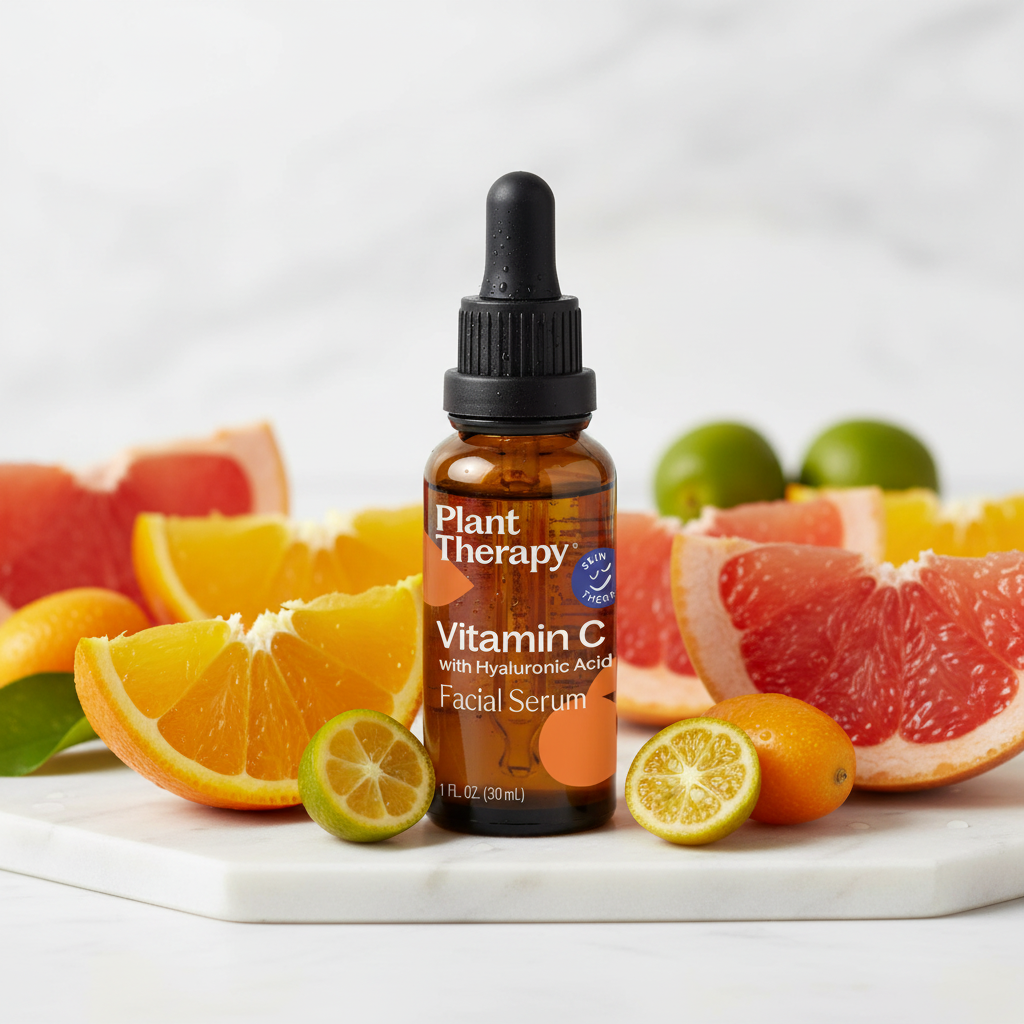 Plant Therapy Vitamin C Serum on marble with fresh orange slices