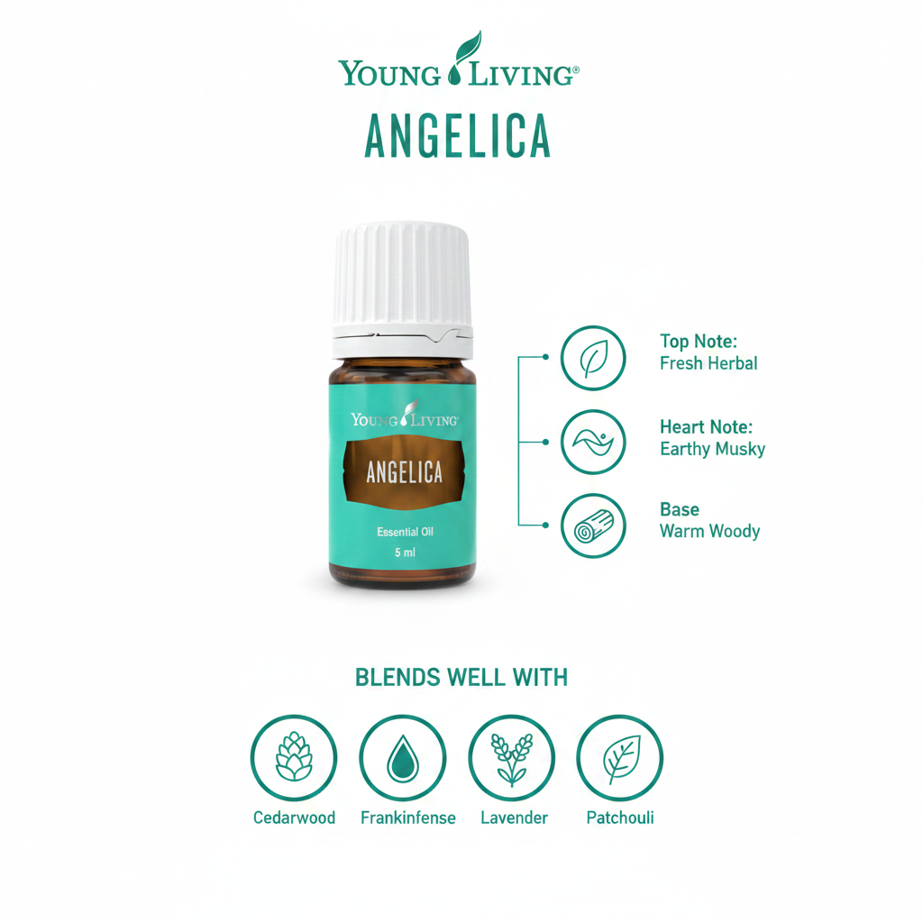 Angelica essential oil aroma profile and blending guide infographic