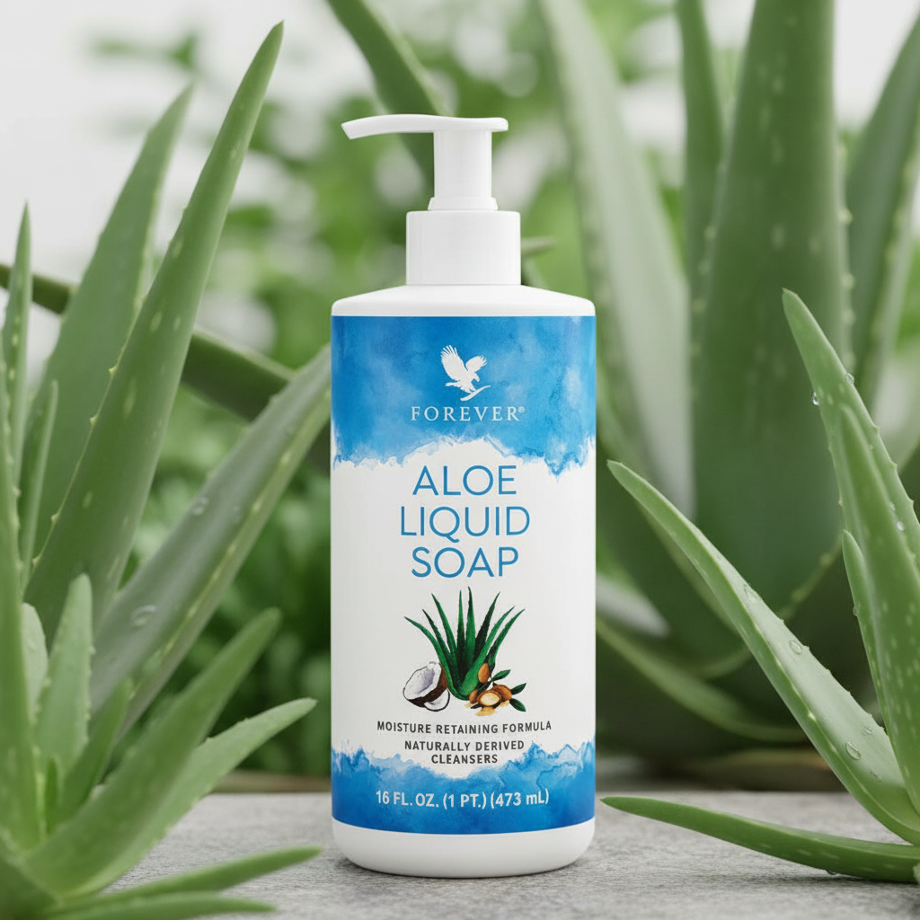 Natural aloe vera liquid soap close-up botanical background