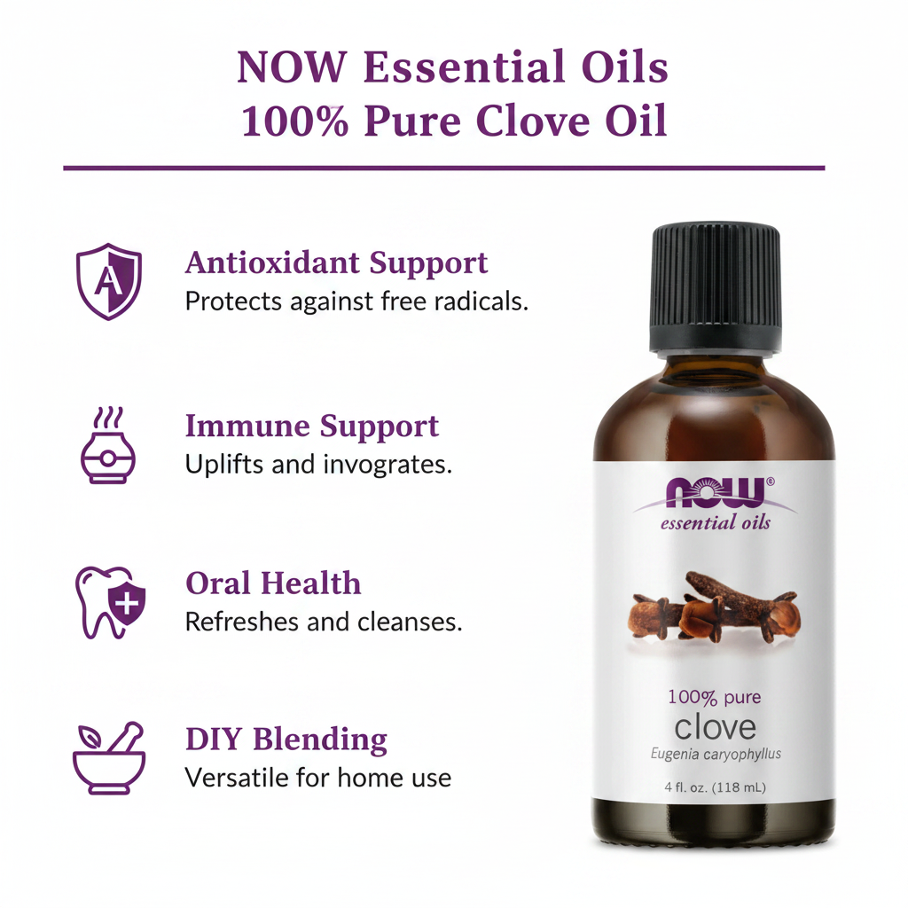NOW Clove Oil key benefits infographic