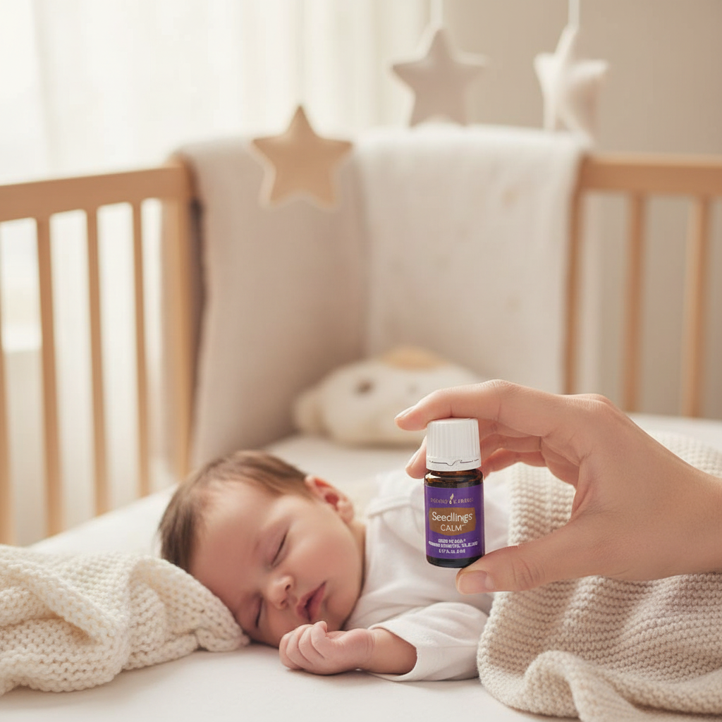 Seedlings Calm essential oil held by mother next to sleeping baby
