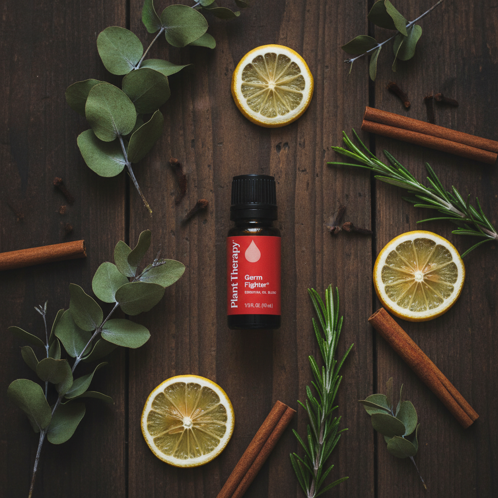 Plant Therapy Germ Fighter flat lay on dark wood with botanicals