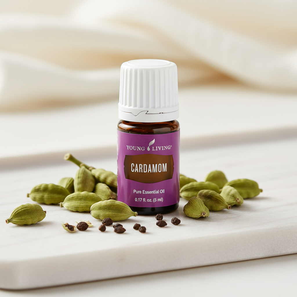 Cardamom essential oil bottle with cardamom pods and seeds on spa surface