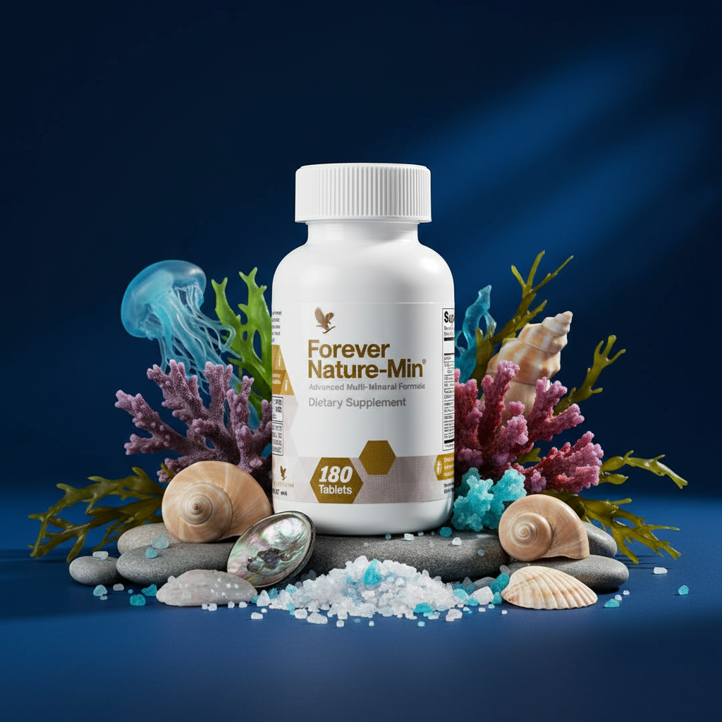 Forever Nature-Min 180 tablets bottle on deep ocean blue background