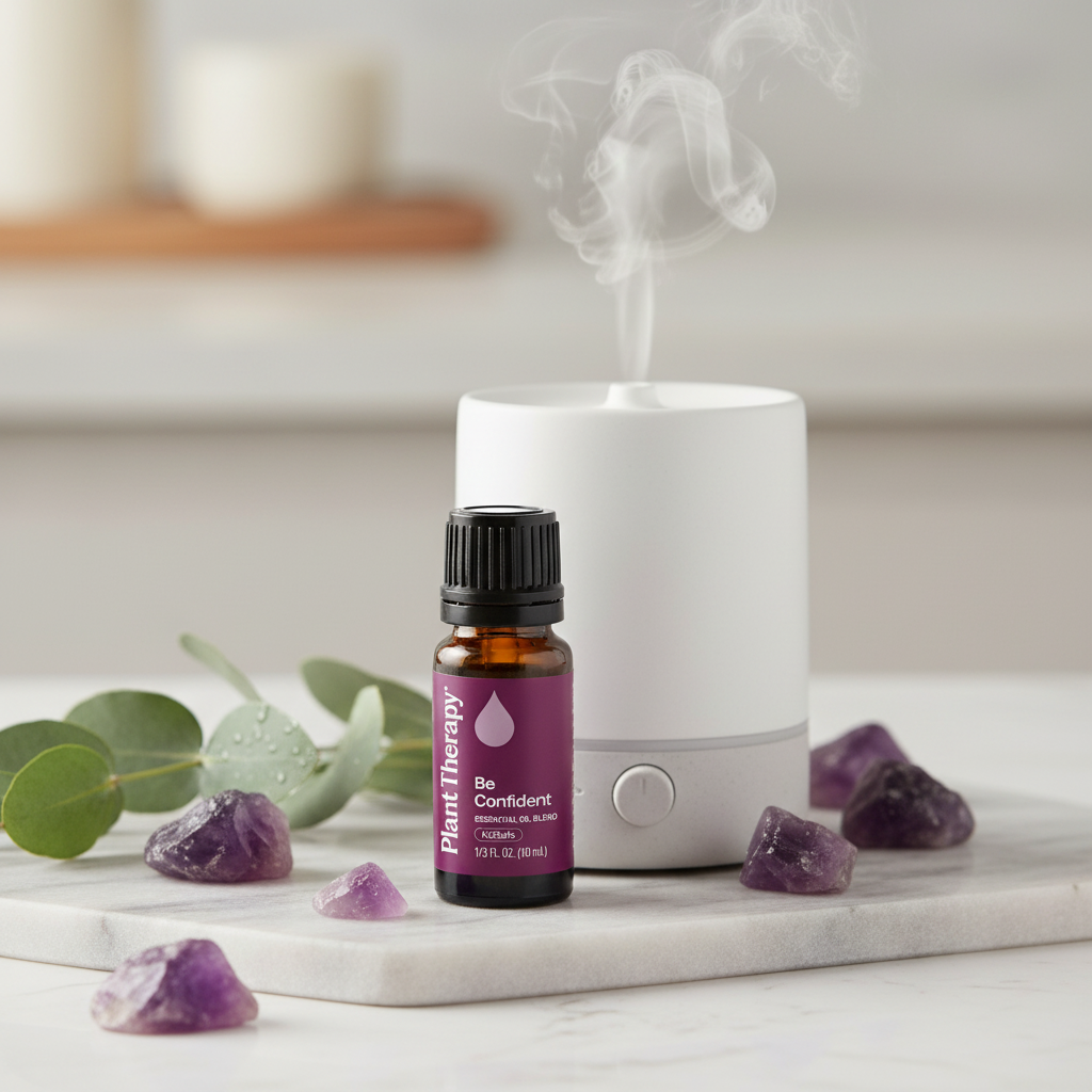 Plant Therapy Be Confident Essential Oil Blend beside diffuser with amethyst crystals