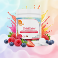 ChildCalm bottle with fresh berries on pastel background