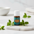 Marjoram bottle on marble with fresh herb sprigs