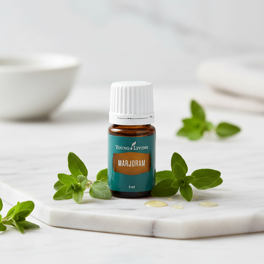 Marjoram bottle on marble with fresh herb sprigs