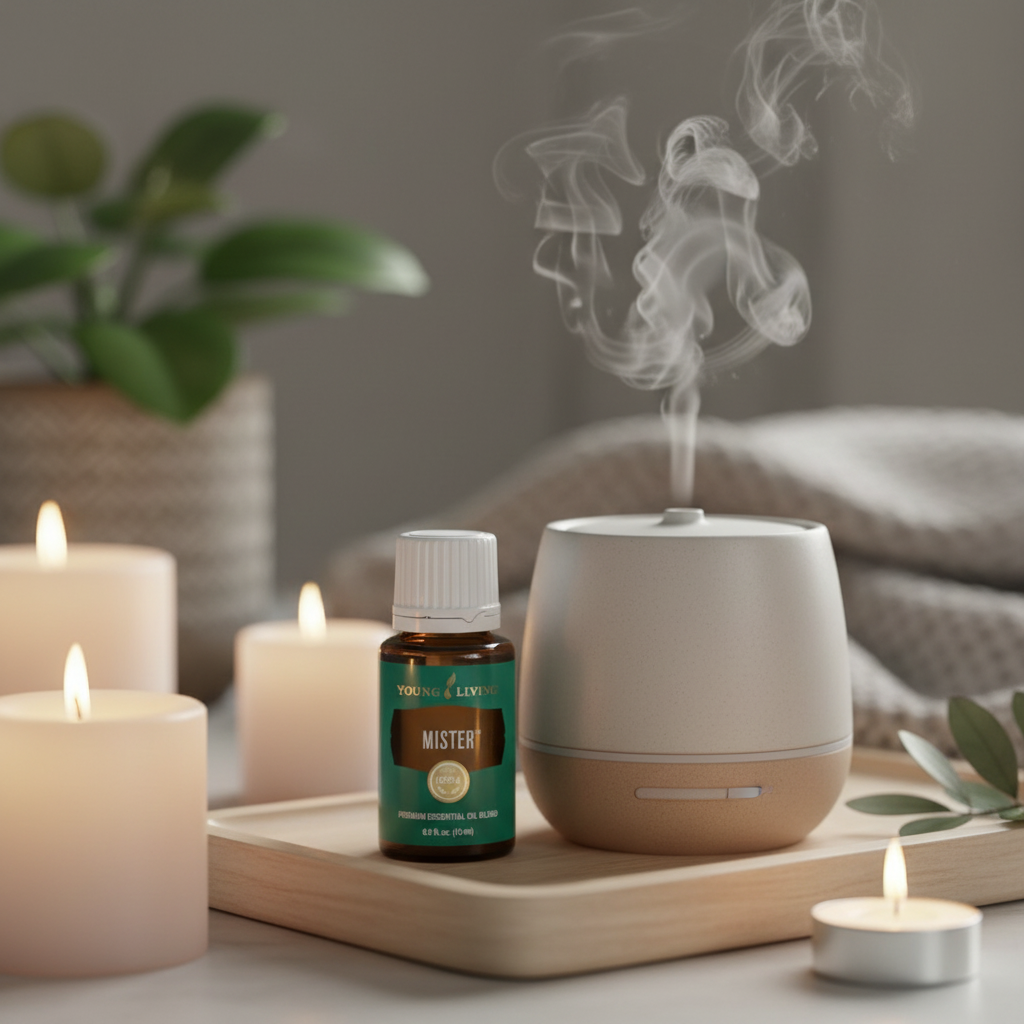 Mister Essential Oil next to diffuser with candlelight