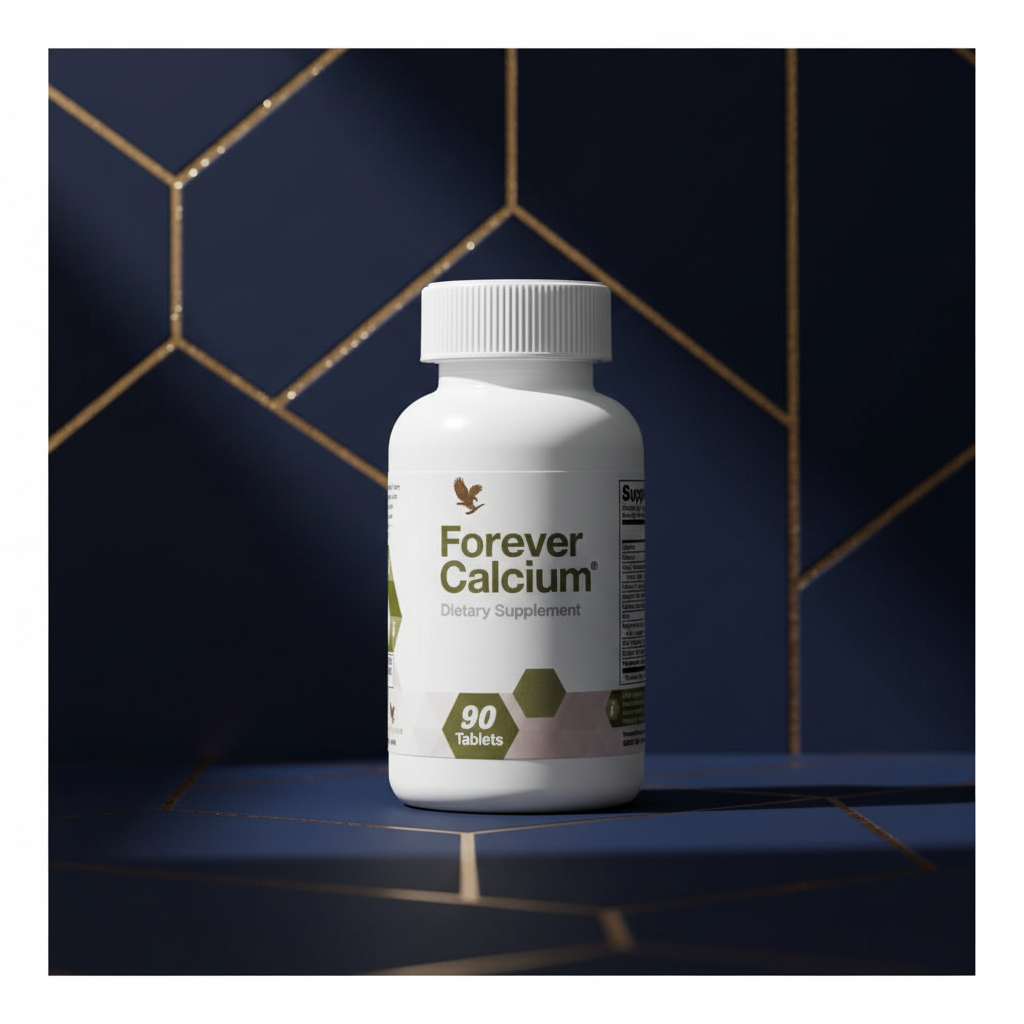 Forever Calcium bottle on deep navy and gold background