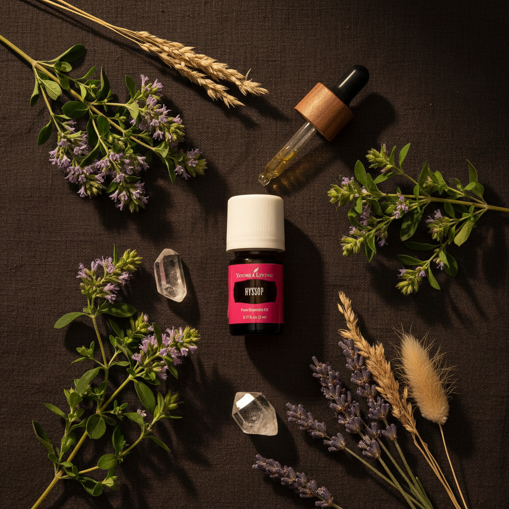Young Living Hyssop flatlay with hyssop sprigs botanicals and crystal on dark linen