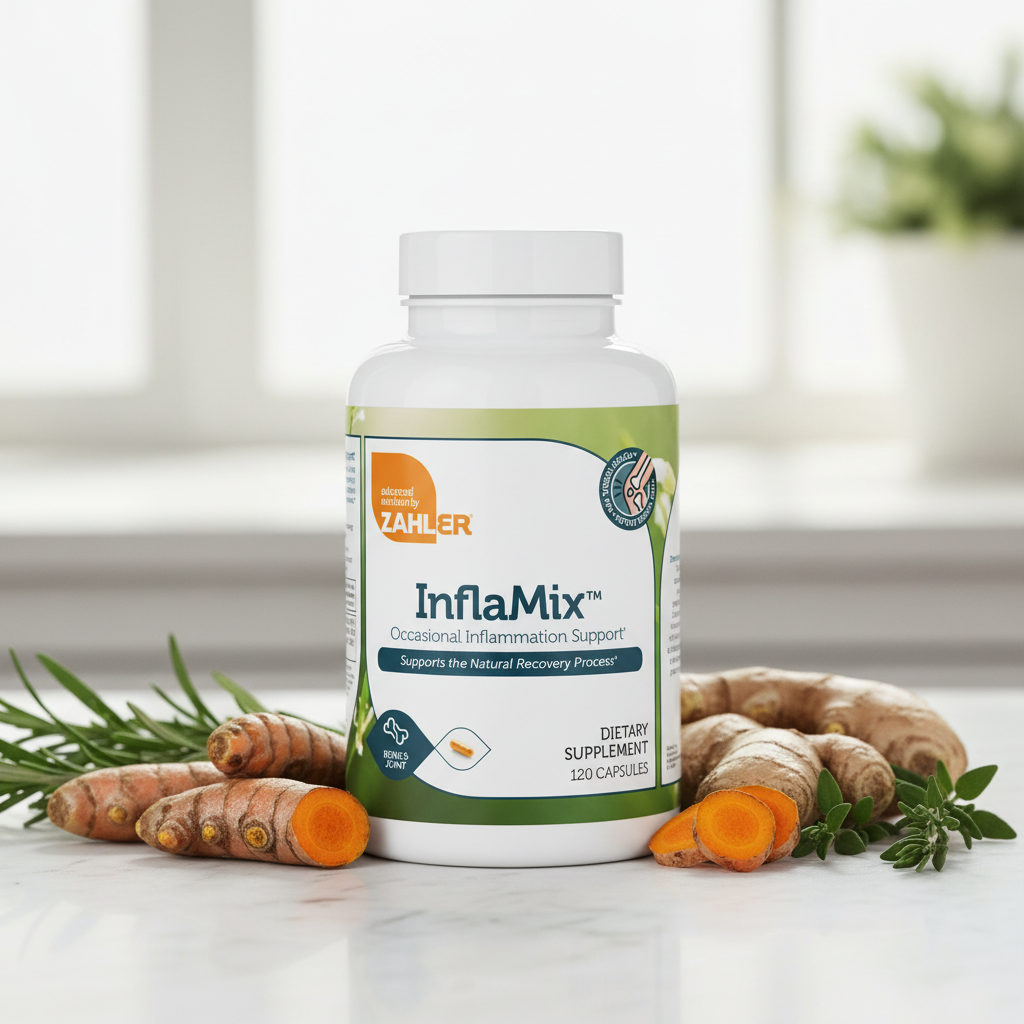 InflaMix bottle on white marble with turmeric and ginger