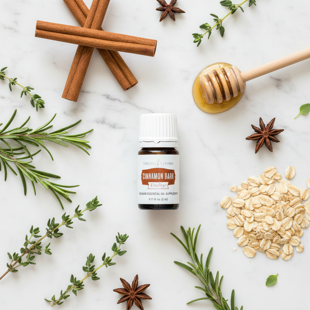 Cinnamon Bark Vitality flat lay on marble with cinnamon honey and oats