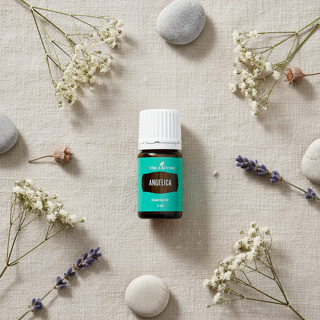 Angelica essential oil botanical flat lay