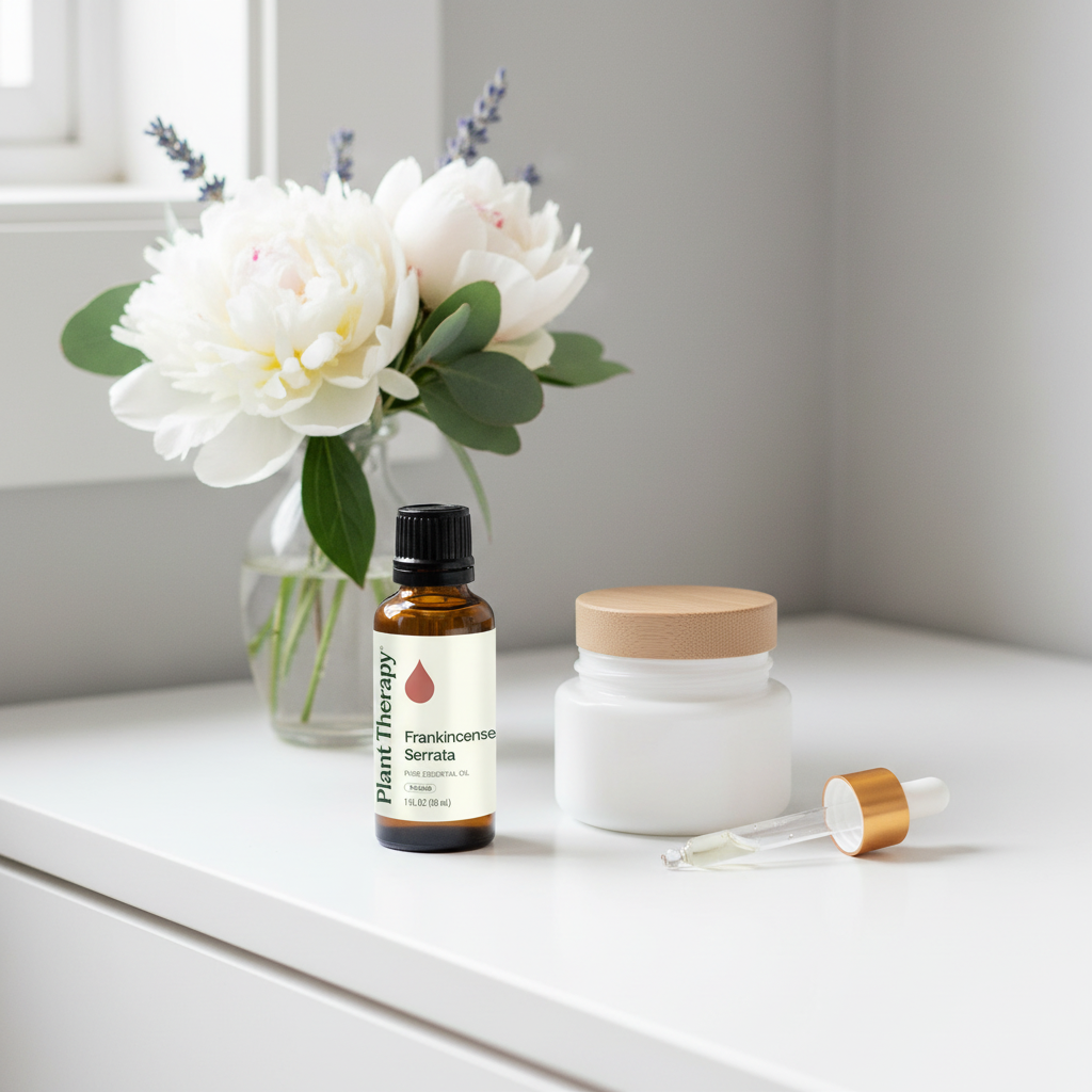 Frankincense Serrata in skincare routine with moisturizer and dropper