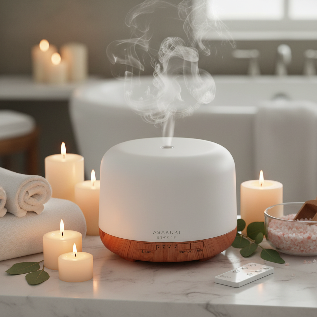 ASAKUKI diffuser in bathroom spa setting with candles