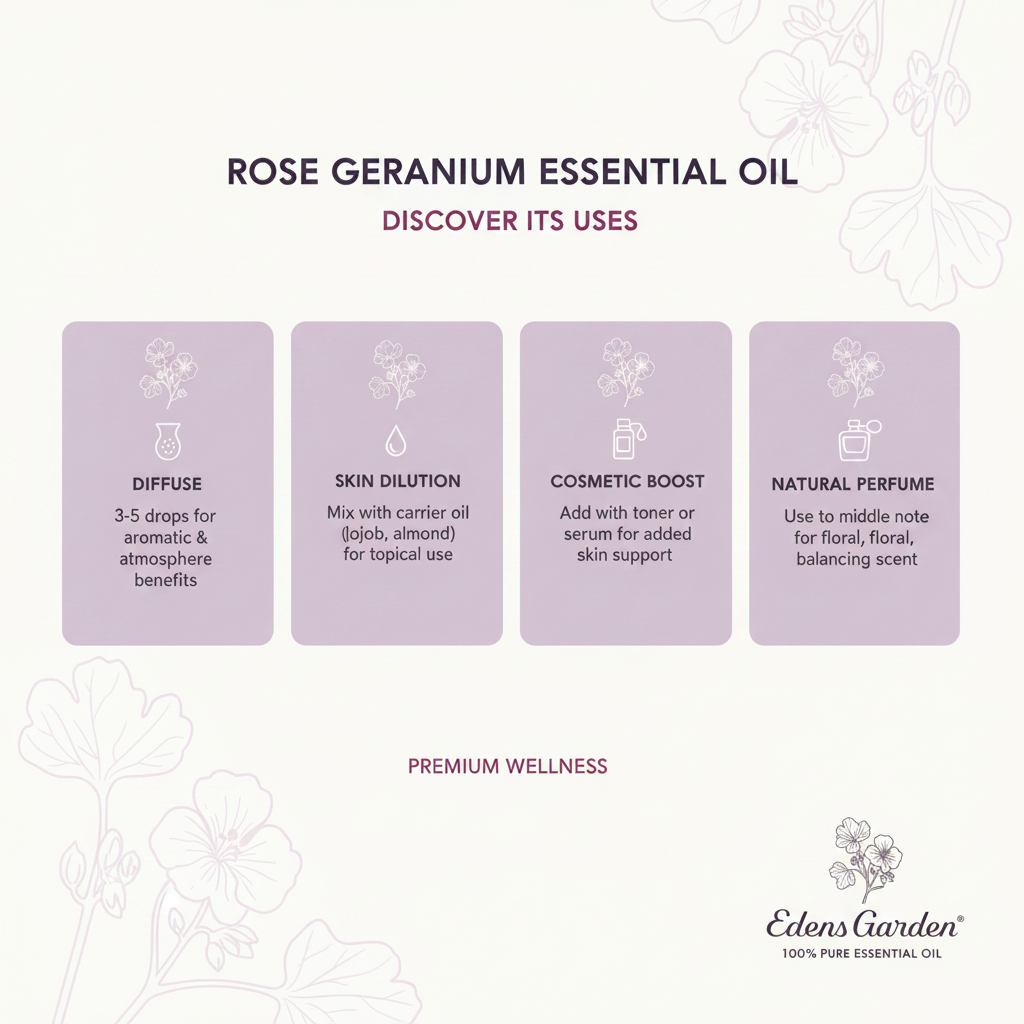 Edens Garden Rose Geranium Essential Oil how to use infographic