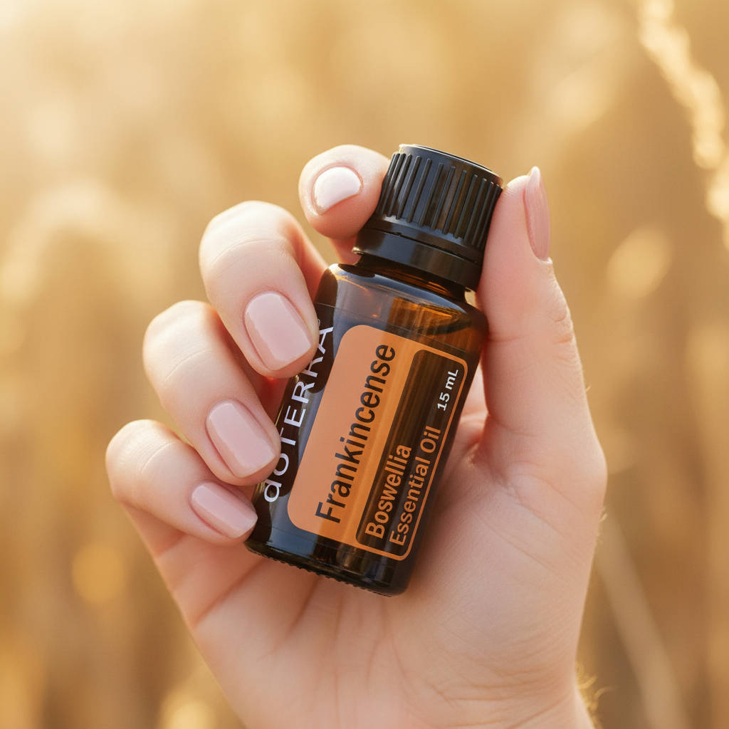 doTERRA Frankincense Essential Oil held in woman's hand with golden bokeh background