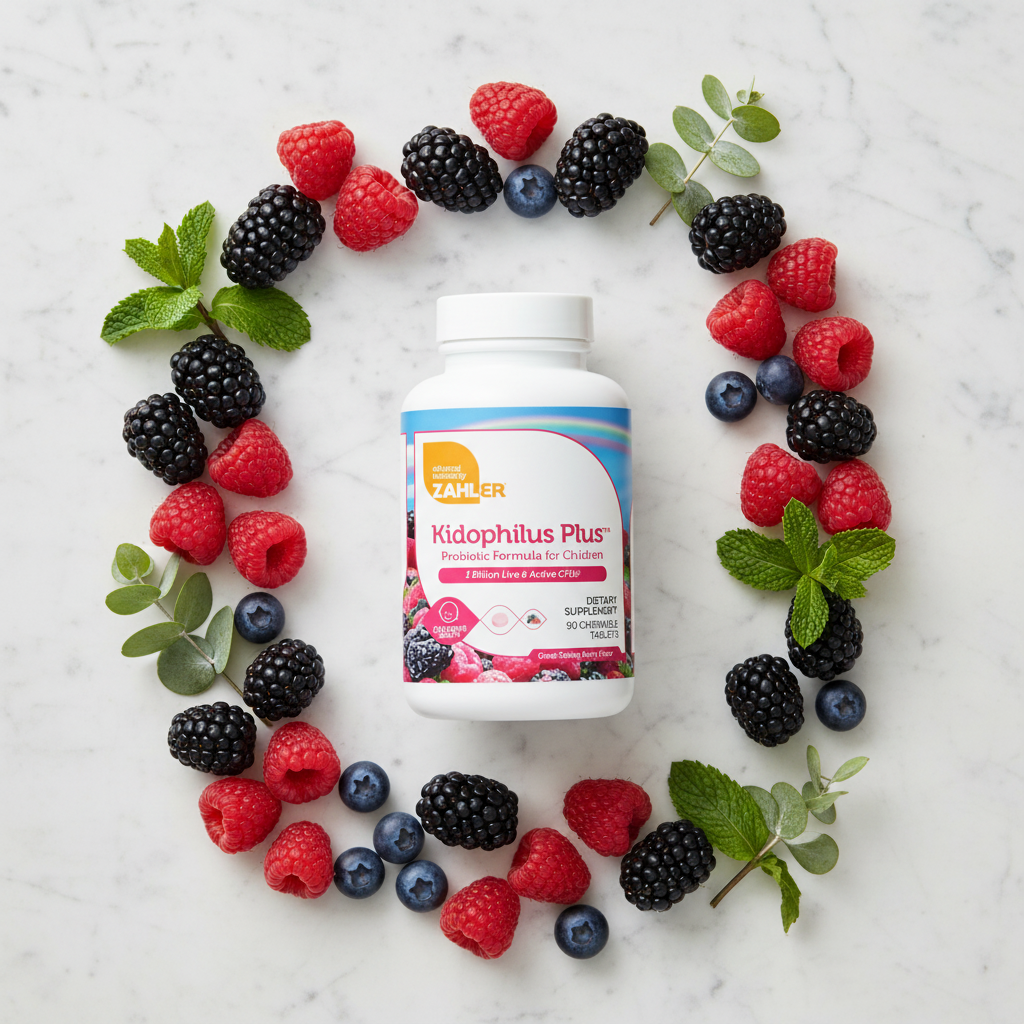 Zahler Kidophilus Plus flat lay with berries and botanical leaves