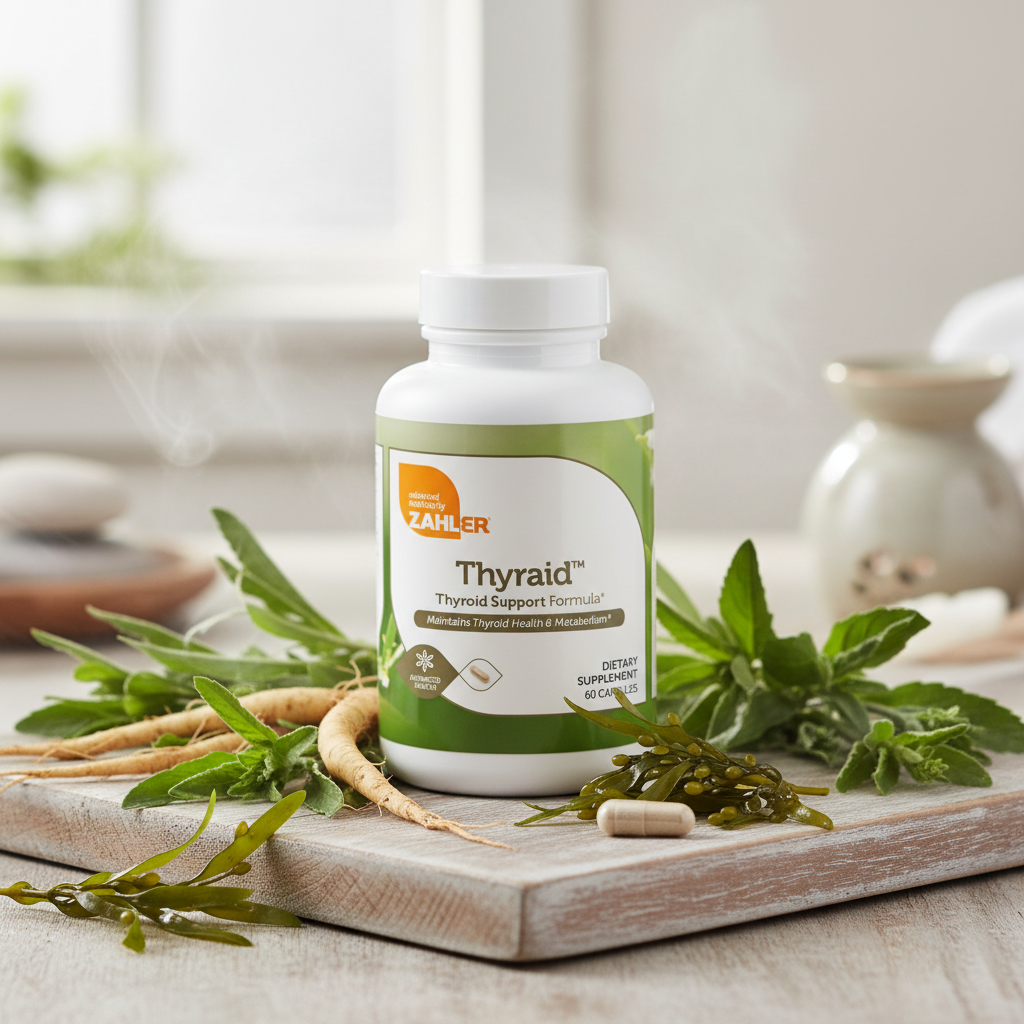 Thyraid bottle with ashwagandha and herbs on wooden surface