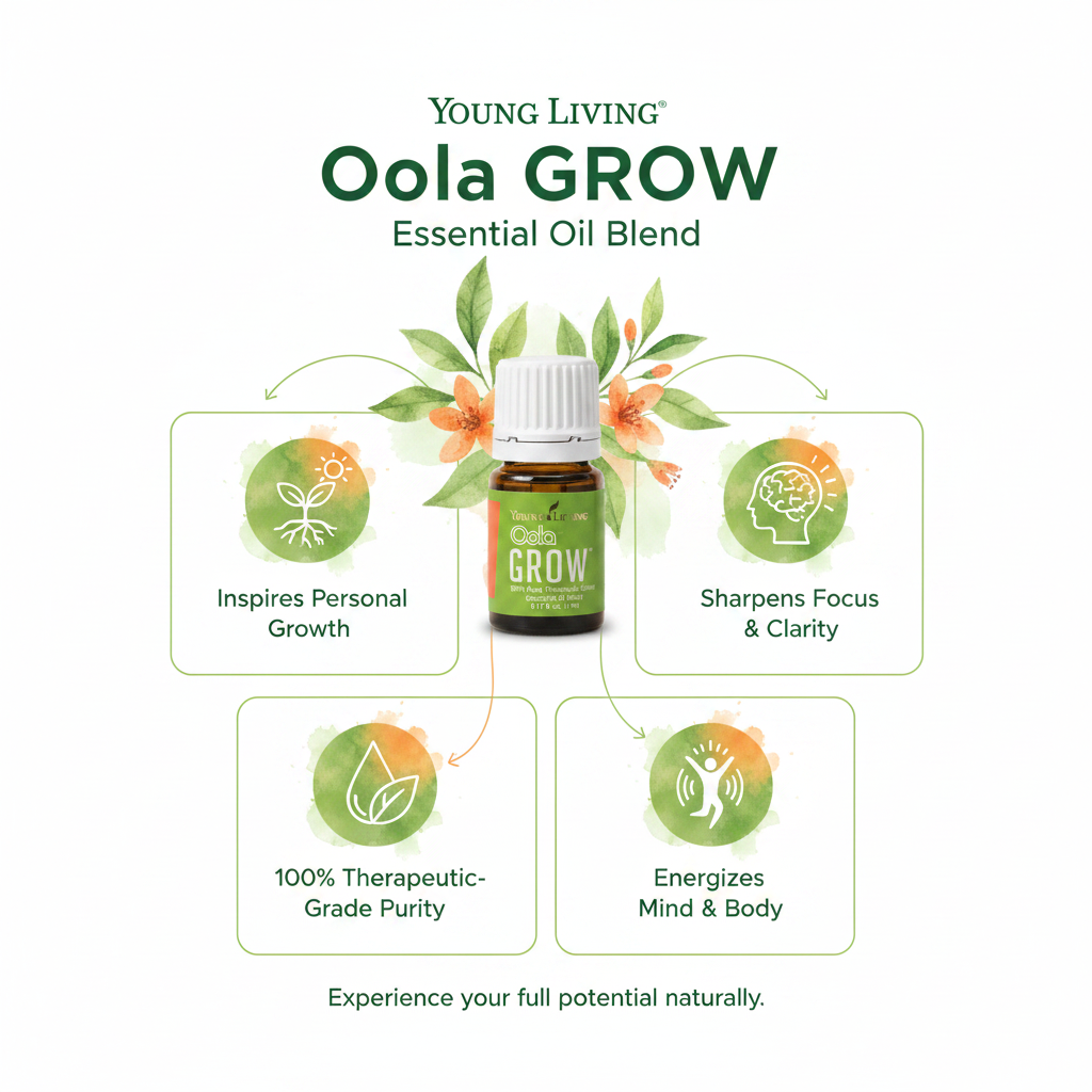Young Living Oola Grow essential oil benefits infographic showing 4 key benefits
