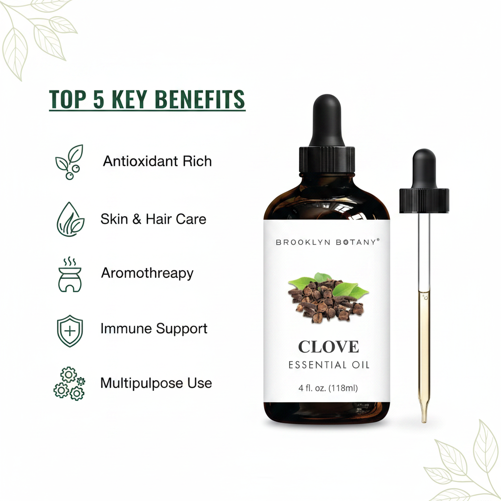 Brooklyn Botany Clove Oil key benefits infographic