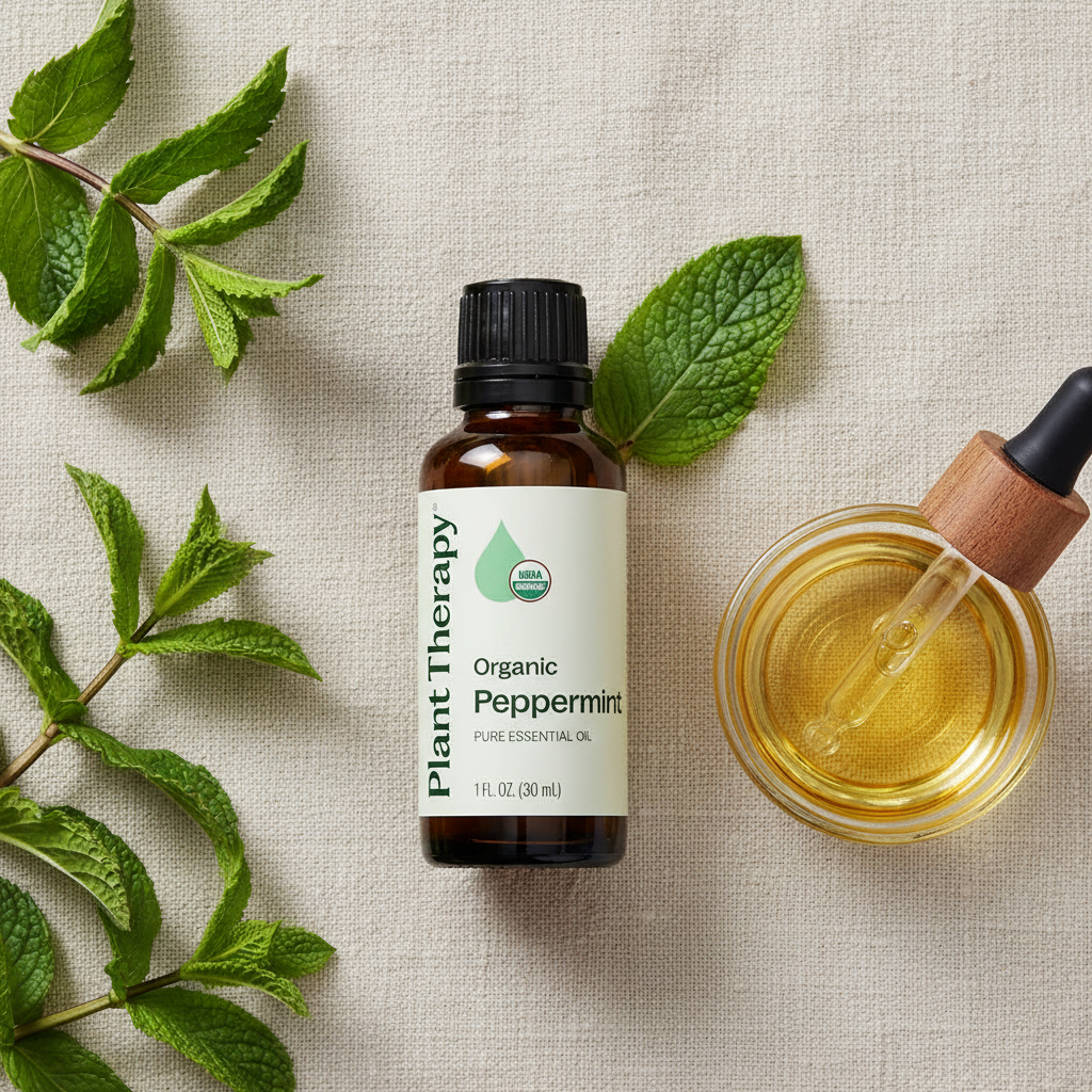 Peppermint oil flatlay with mint leaves dropper and carrier oil