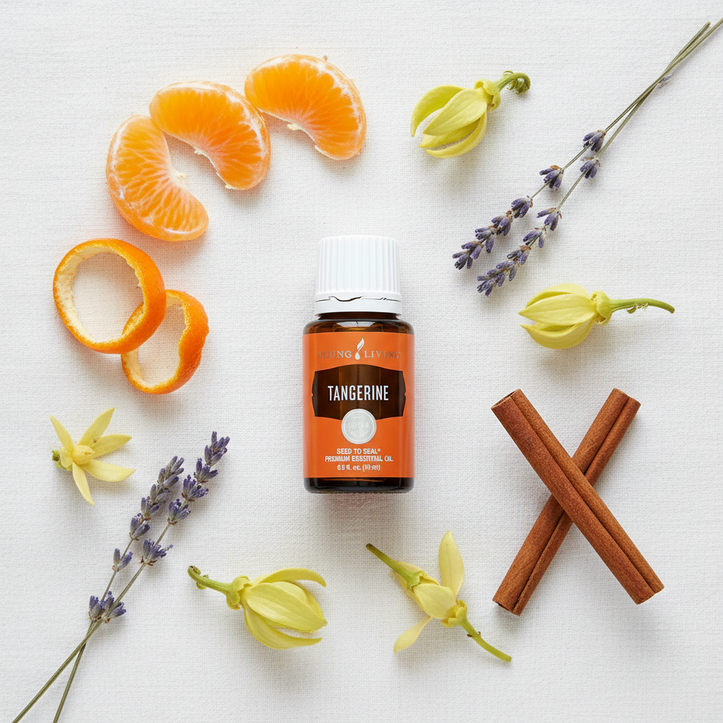 Tangerine essential oil flat lay on white linen with tangerine slices, lavender, ylang ylang and cinnamon