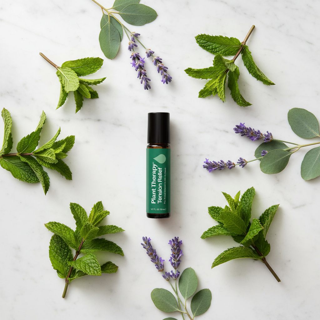 Plant Therapy Tension Relief Roll-On marble spa flat lay