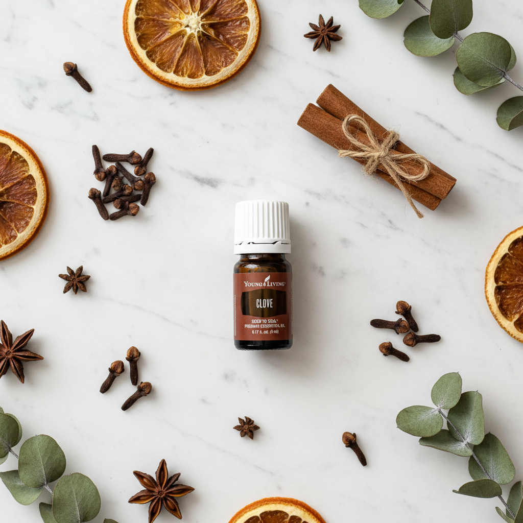 Clove Essential Oil flat lay with botanicals
