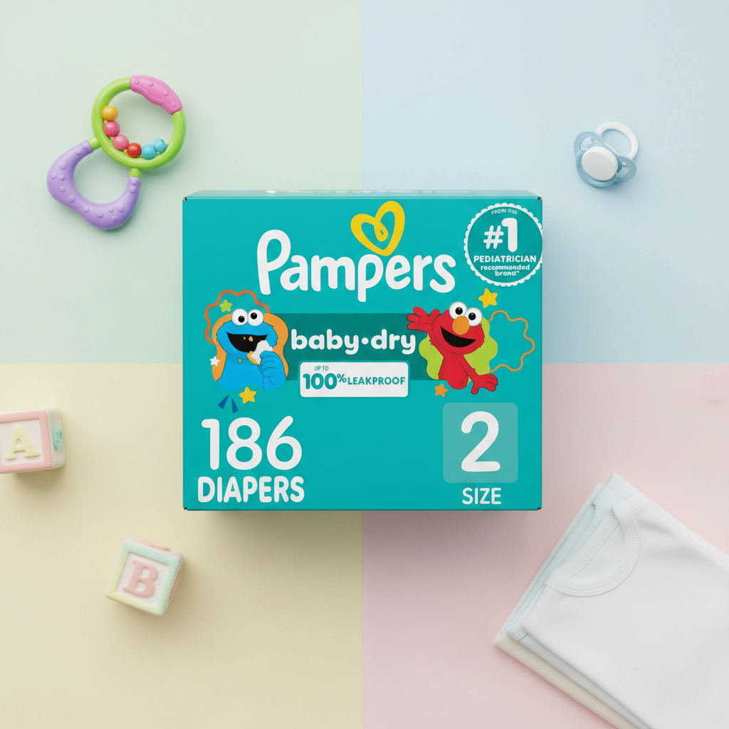 Pampers Baby-Dry Size 2 diapers flat lay with baby accessories