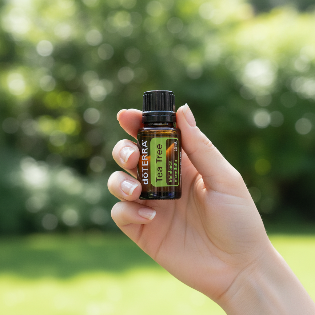 doTERRA Tea Tree Essential Oil held in hand with garden background