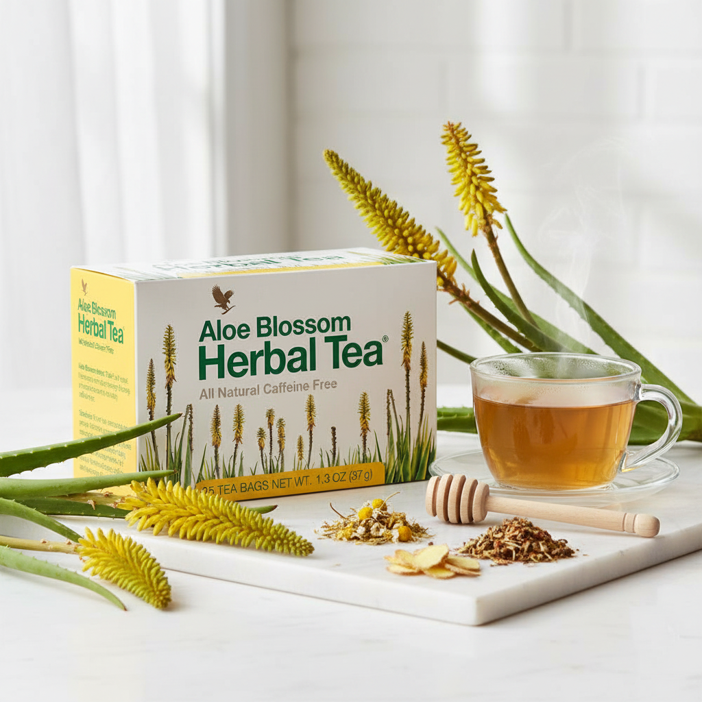 Forever Aloe Blossom Herbal Tea on white marble with aloe blossoms and steaming cup
