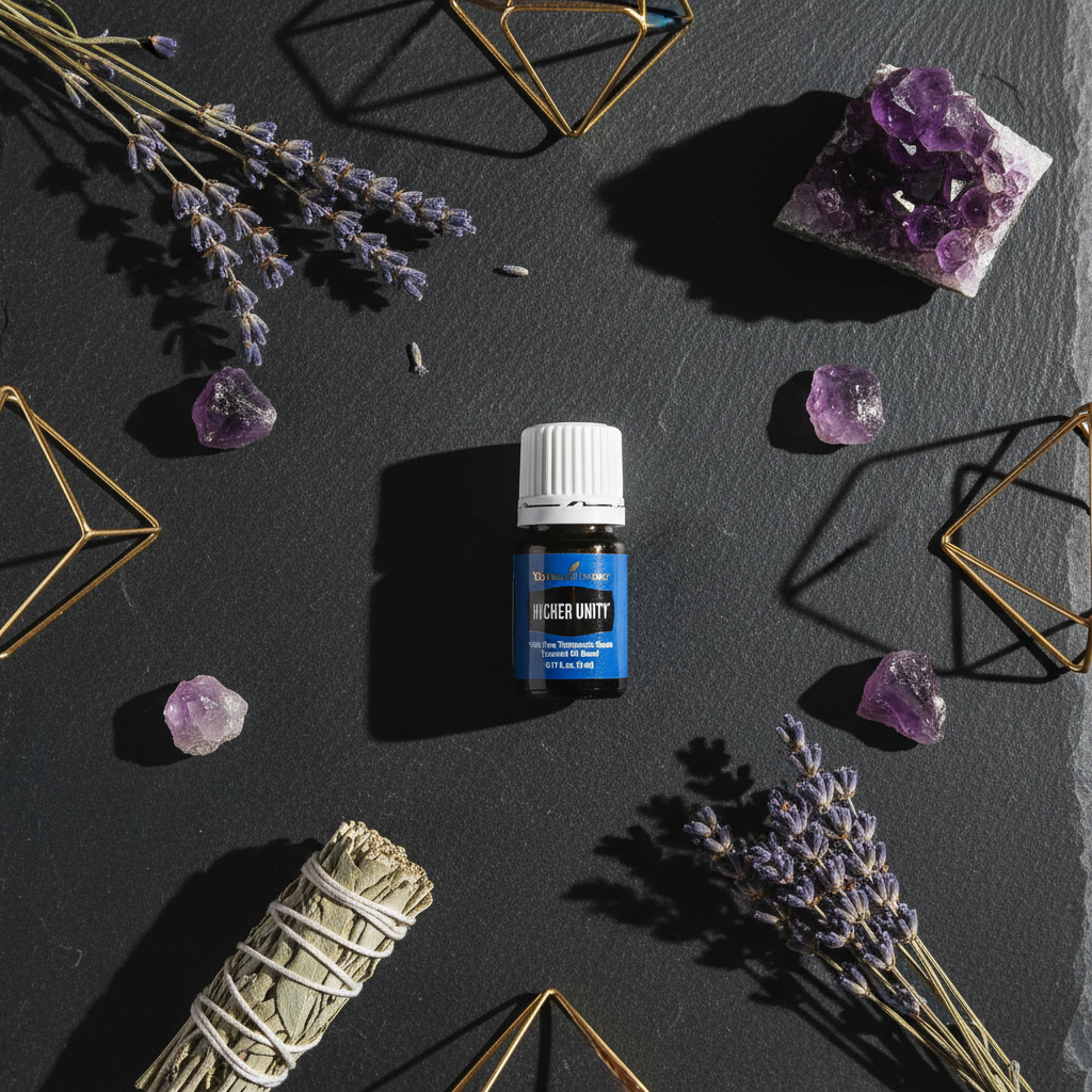 Higher Unity essential oil flat lay with amethyst crystals and sage